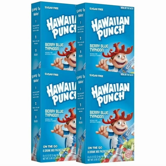 Hawaiian Punch On the Go Powder Drink Mix Berry Blue Typhoon Water Enhancer for Kids Adults Snacks Home Lunch Office Beverages Summer Fun Outdoor Refreshing Drinks 8ct- 4 Boxes