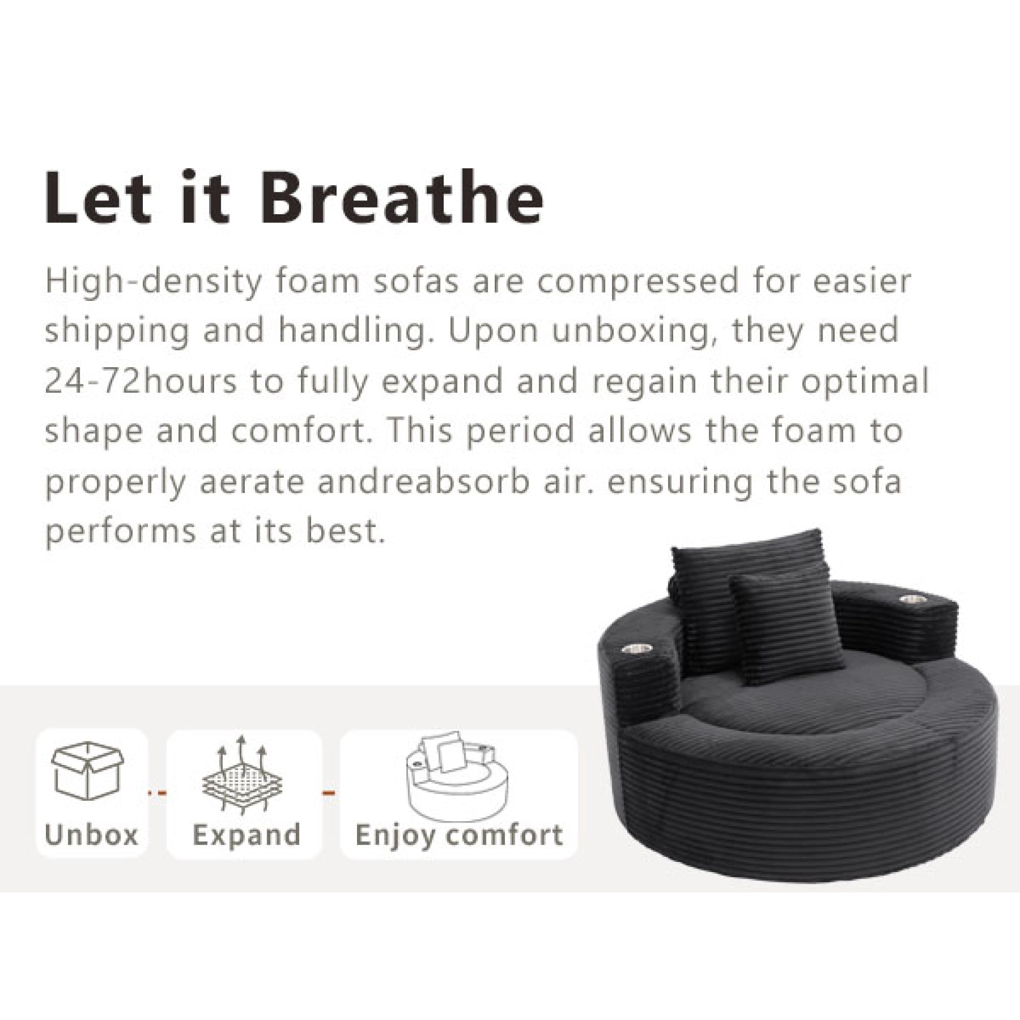 Leumius Oversized Round Chaise Lounge Sofa,Upholstered Lounge Chair with 2 Pillows and Cupholders,Boneless Sofa Couch with Memory Foam,Deep Seat Sleeper Chair for Living Room,No Assembly,Black