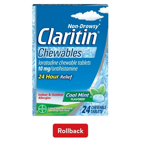 Claritin 24 Hour Non-Drowsy Allergy Medicine, Antihistamine Cool Mint Chewable Tablet, 24 Ct