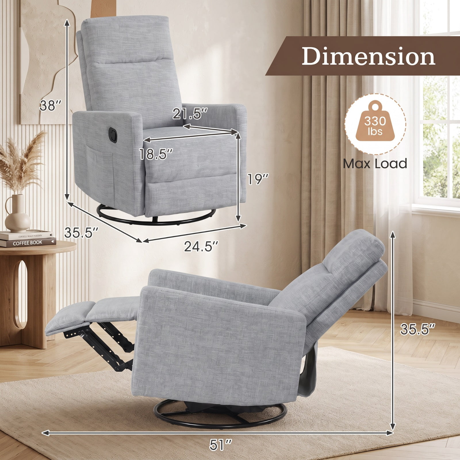 Furnibear Swivel Rocking Chair with 360 Degree Base Reclining Backrest and Extending Footrest for Nursery and Living Room, Gray