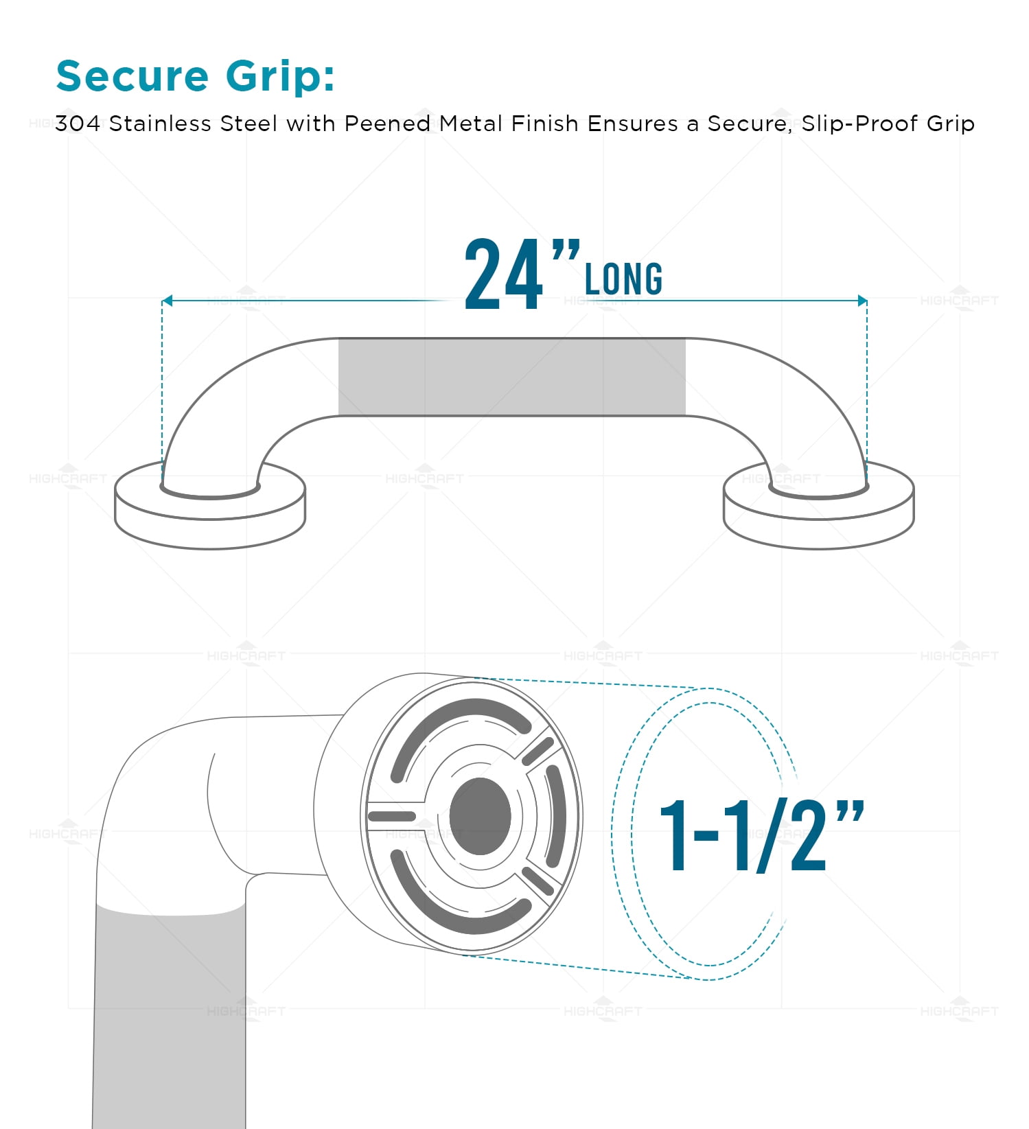 Highcraft Grab Bar for Bathtubs and Showers, Anti Slip Shower Grab Bars for Seniors and Elderly, Safety Bar for Bathroom 24" x 1.5" ADA Compliant Grab Bar, Heavy Duty Stainless Steel Shower Handle