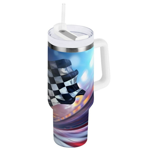 Ryvnso 40 oz Tumbler with Handle and Straw Insulated Stainless Steel Travel Mug with Lid Checkered Flag