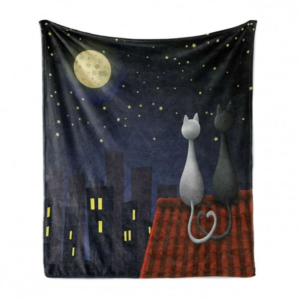 Animal Soft Flannel Fleece Blanket, Cats on the Roof Couple Valentines Animal Kitten Kitty Night Full Moon Starry Sky, Cozy Plush for Indoor and Outdoor Use, 70 Animal Soft Flannel Fleece Blanket, Cats on the Roof Couple Valentines Animal Kitten Kitty Night Full Moon Starry Sky, Cozy Plush for Indoor and Outdoor Use, 70