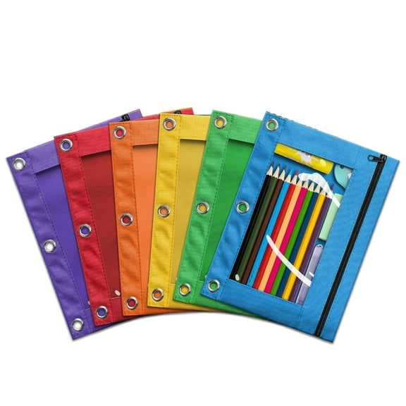 GoXteam 6 Pack Pencil Pouches for 3 Ring Binder, Smooth Zipper 3 Ring Binder Pencil Pouch, 6 Multi-Color Pencil Case for Binder, Clear Top Binder Pencil Pouch