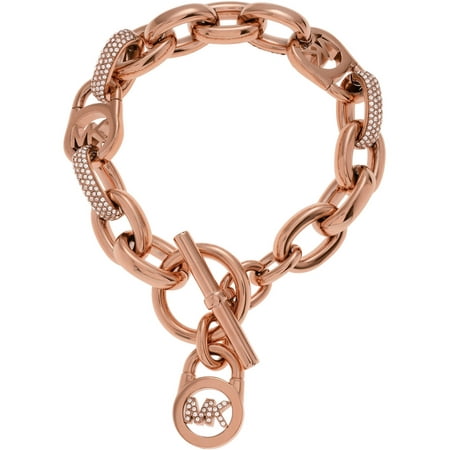 Michael Kors Women's Crystal Rose Gold-Tone Stainless Steel Logo Padlock Toggle Fashion Bracelet, 10