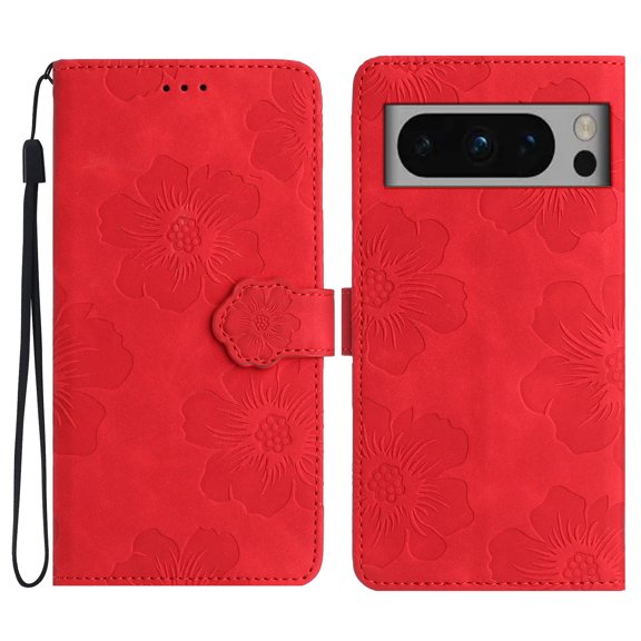 SaniMore Case for Google Pixel 8 Pro 6.7" 2023, [Card Slots + Cash Pocket + Removeable Wrist Strap] PU Leather Embossed Flower Flip Kickstand 360° All-around Protective Wallet Shell, Red