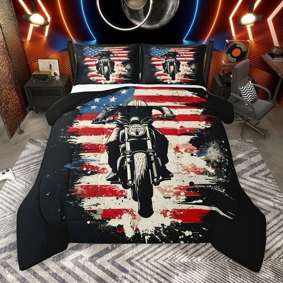 Manfei Boys Dirt Bike Bedding Comforter Set,Outdoor Extreme Sport Twin Comforter Sets,Retro American Flag Bedding Set Teens,Ultra Soft Home Decor Reversible,2 Pieces