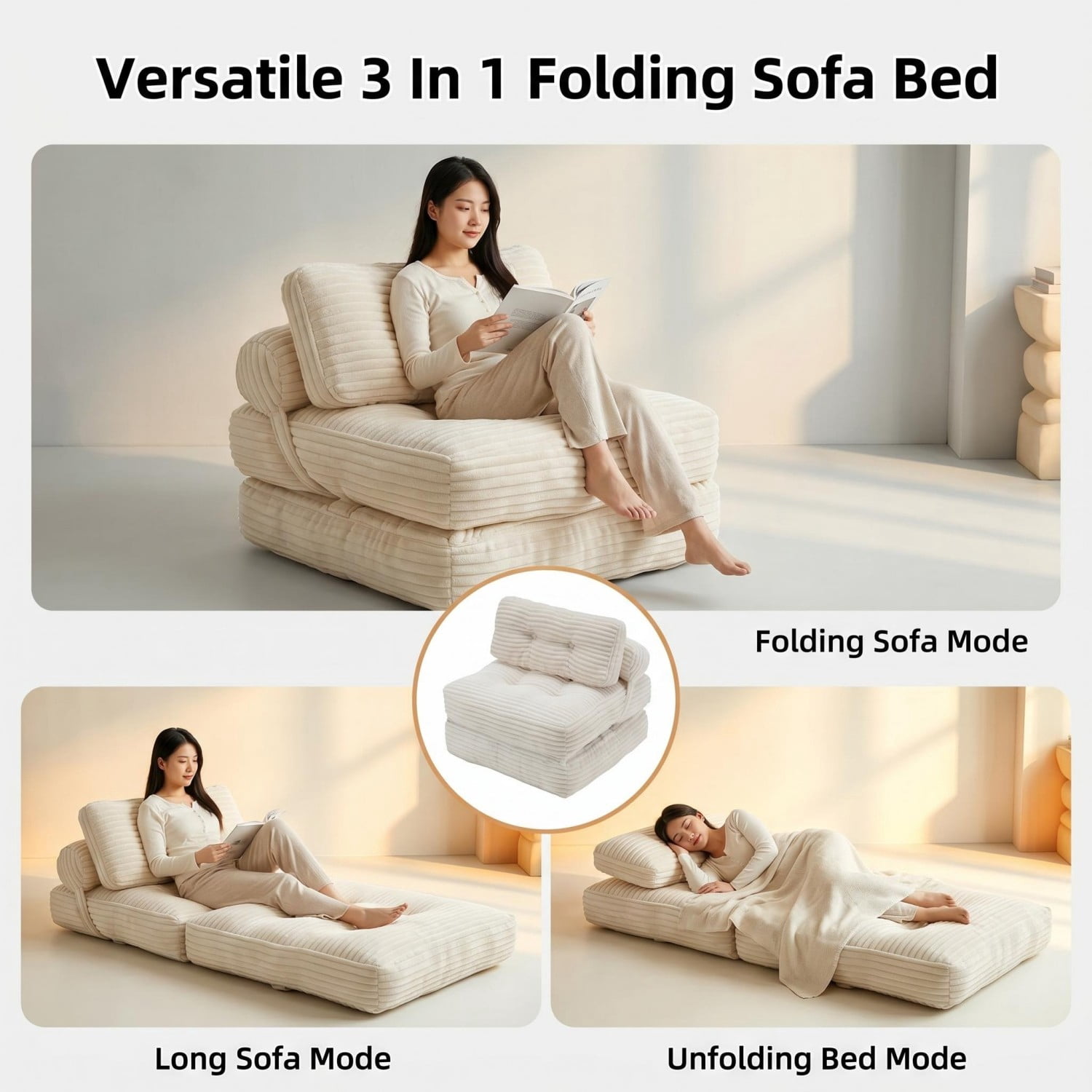 Folding Sofa Bed, Convertible Sleeper Chair with Pillow, Foldable Floor Couch Bed with Back Support, Portable Lounge for Living Room Bedroom, Beige