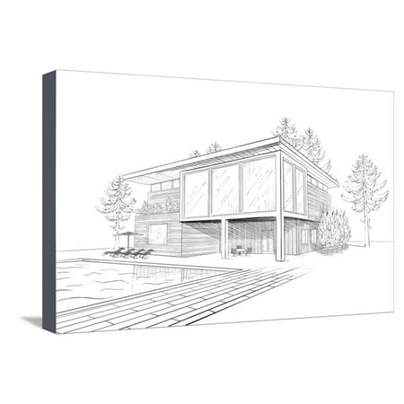 Sketch Of Modern House With Swimming Pool Stretched Canvas