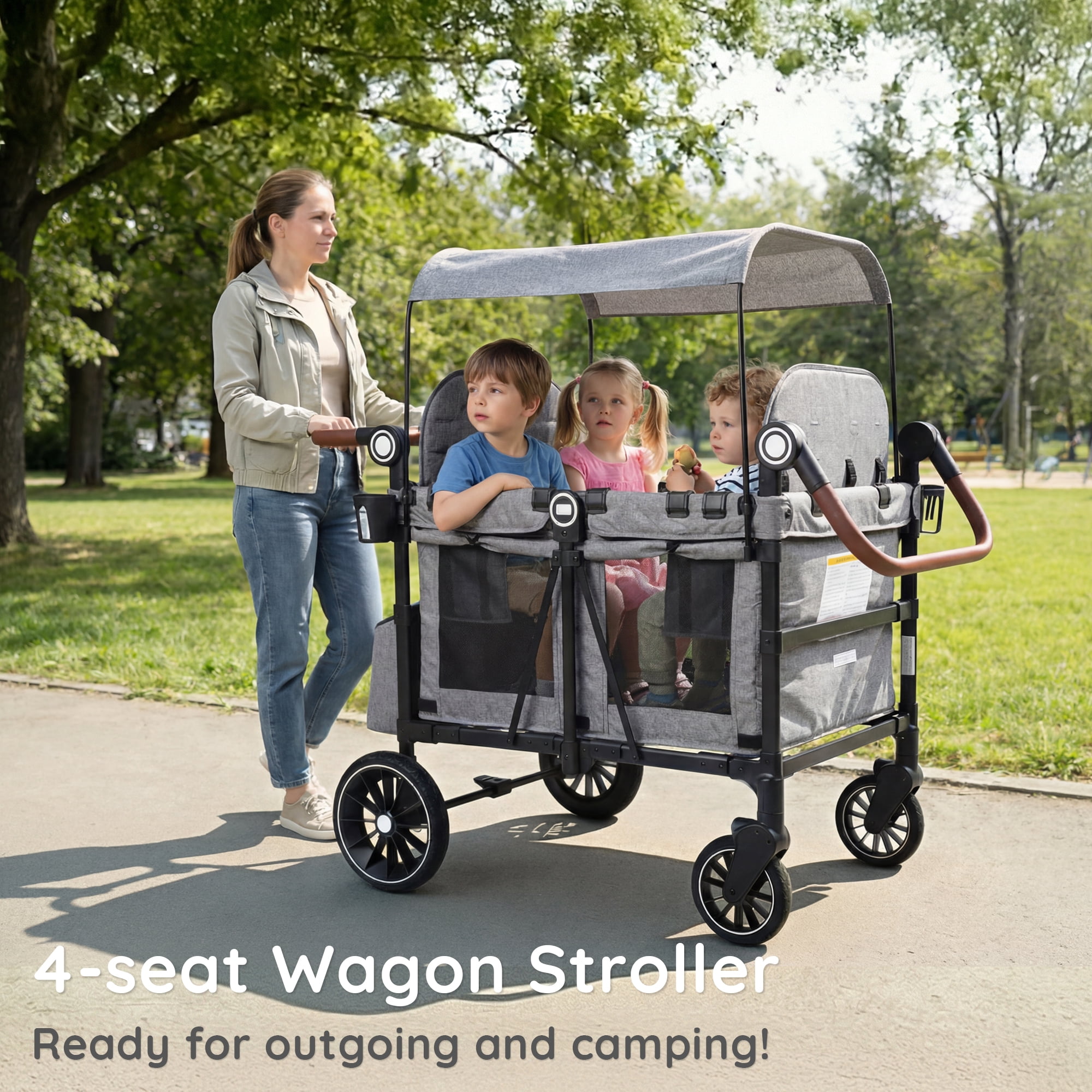 LINLUX Wagon Stroller for 4 Kids, Stroller Wagon 4 Seats w/Adjustable Handle, Detachable Tray, Gray