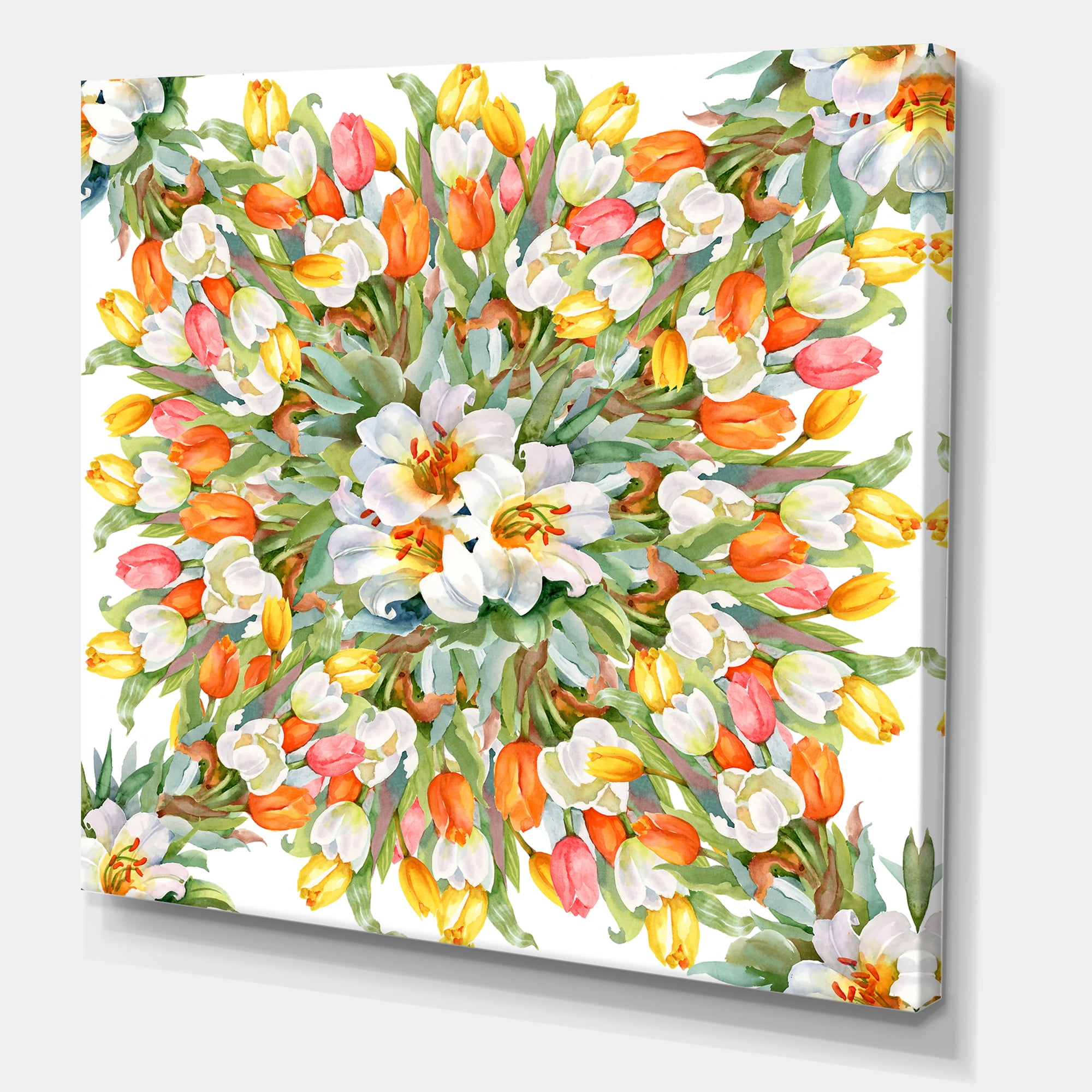 Blooming Orange and White Tulips I 16 in x 16 in Painting Canvas Art Print, by Designart