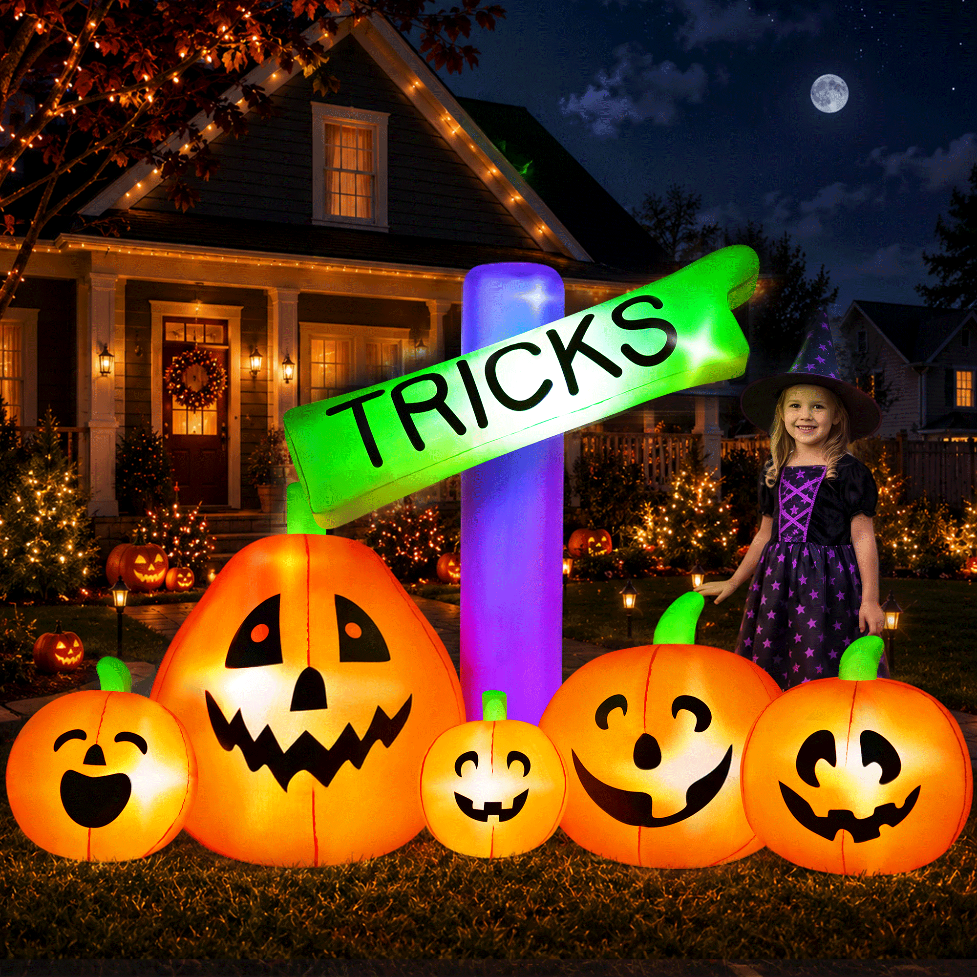 Yexmas 9 Ft Halloween Inflatable with Tricks Sign and Pumpkins photo 2
