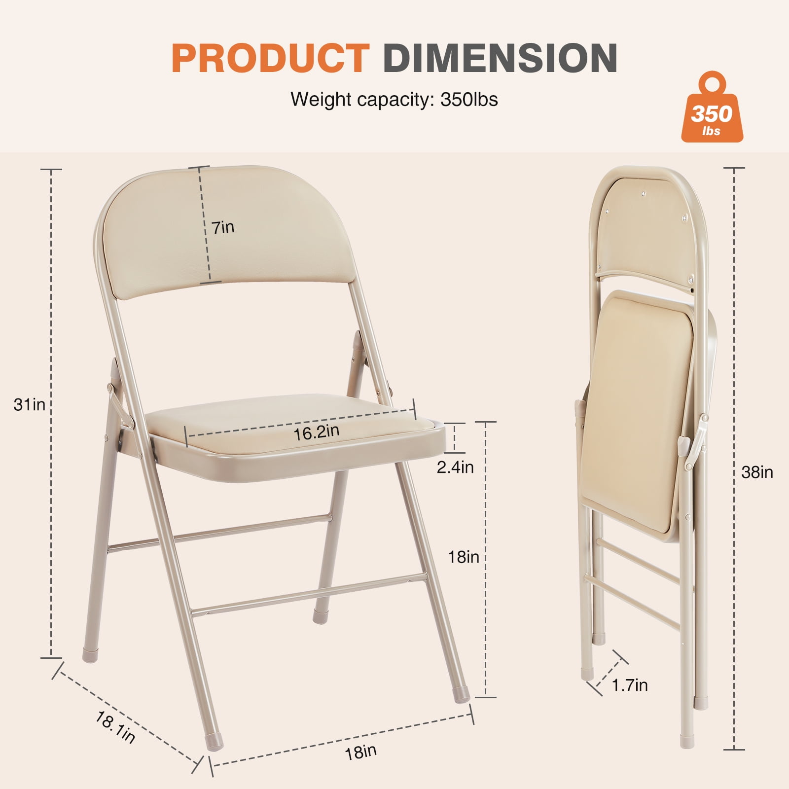 EDX 4 Pack Folding Chair with Sturdy Metal Frame, High-Density Padding, and Water-Resistant PU Leather - Ideal for Meetings, Gatherings, and Events, Khaki
