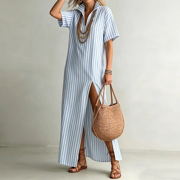 Women's Summer Striped Splited Maxi Casual Dress Short Sleeve V Neck Split Hem Boho Beach Vacation Dresses L