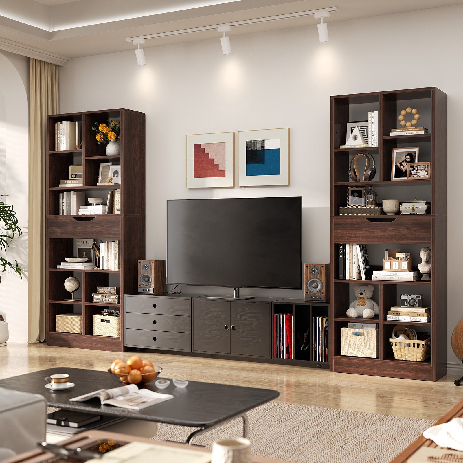 iSunirm 73.6'' Tall Cube Bookcase with Drawer, 10-Tier Bookshelves with Adjustable Shelves, 19.7 '' Width Display Shelf for Living Room, Home Office, Walnut
