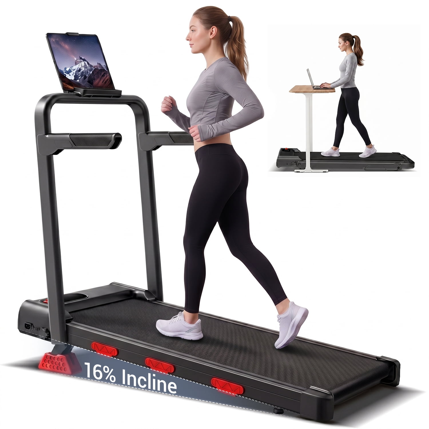 SONITU 2‑in‑1 Walking Pad with 16% Incline & Handle, 2.5 HP Foldable Treadmill for Home, Under Desk Treadmill with LED Display and 300 lbs Capacity