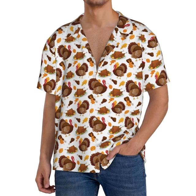 Balery Turkey And Thanksgiving3 Camisa Casual de Manga Corta con Botones para Hombre, Texturizada, Estilo Cubano, para Playa, Verano-3X-Large
