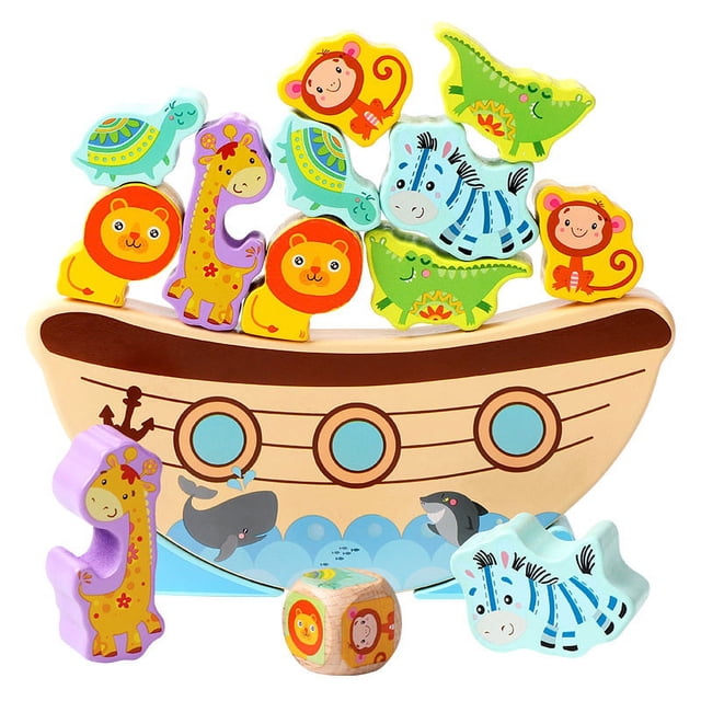Juego de equilibrio de madera 2 en 1 con bloques de animales, juguetes apilables de madera, juegos de apilamiento para niños, juguetes educativos preescolares, apto para niños de 3 años en adelante.