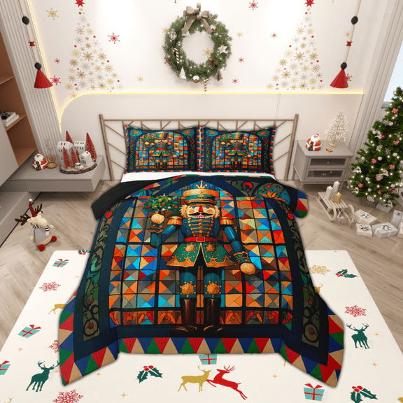 Manfei Retro Christmas Nutcraker Bedding Comforter Set,Merry Christmas Twin Comforter Sets,Retro Watercolor Glass Bedding Set For Teens,Ultra Soft Home Decor Reversible,2 Pieces