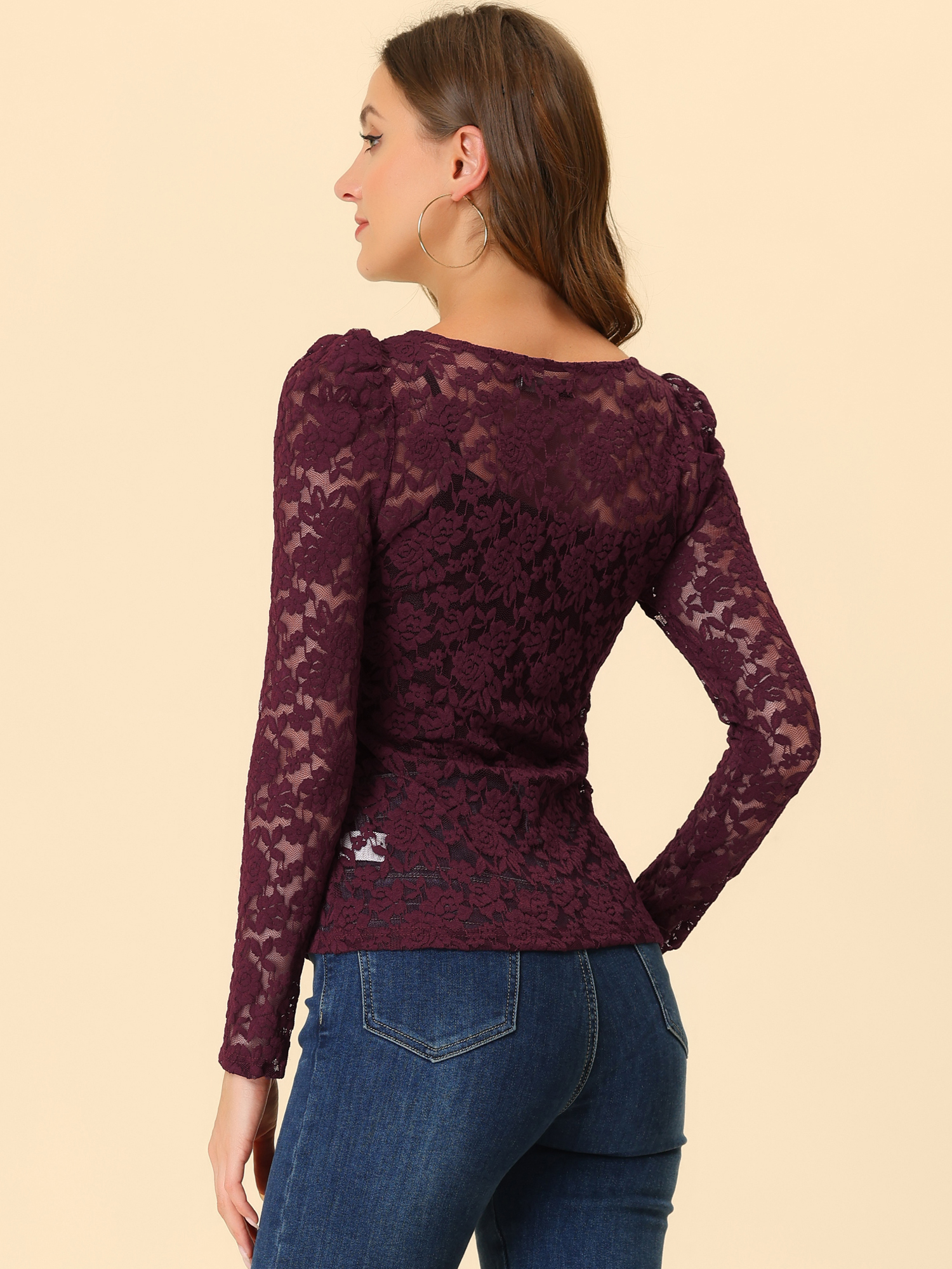 DARING DIVA Semi Sheer Puff Sleeve Vintage Top XS Burgundy