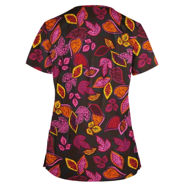 Pompotops Chemisier Décontracté à Manches Courtes à Fleurs pour Femmes, Col en V, Uniforme de Travail