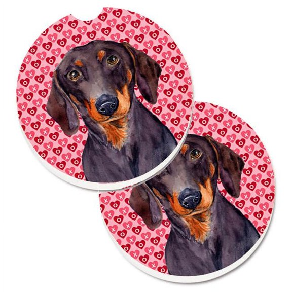 Dachshund Hearts Love & Valentines Day Portrait Set of 2 Cup Holder Car Coaster