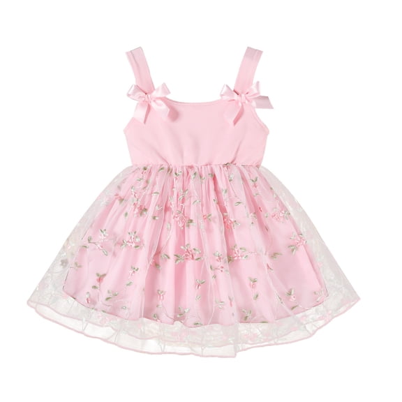 VNKIDY Girls Kids Spaghetti Strap Dress With Floral Embroidery Tulle Skirt Bow Decor For Toddlers Summer Daily Wear Casual Outings Trendy Dress