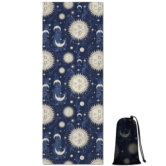 Dark Blue Sun Moon Star Pattern Hot Yoga Mat Towel Non Slip for Hot Yoga - Quick-Drying Yoga Mat Cover with 4 Corner Pockets with Travel Bag - Hot Yoga Towel Non Slip 70"x26"
