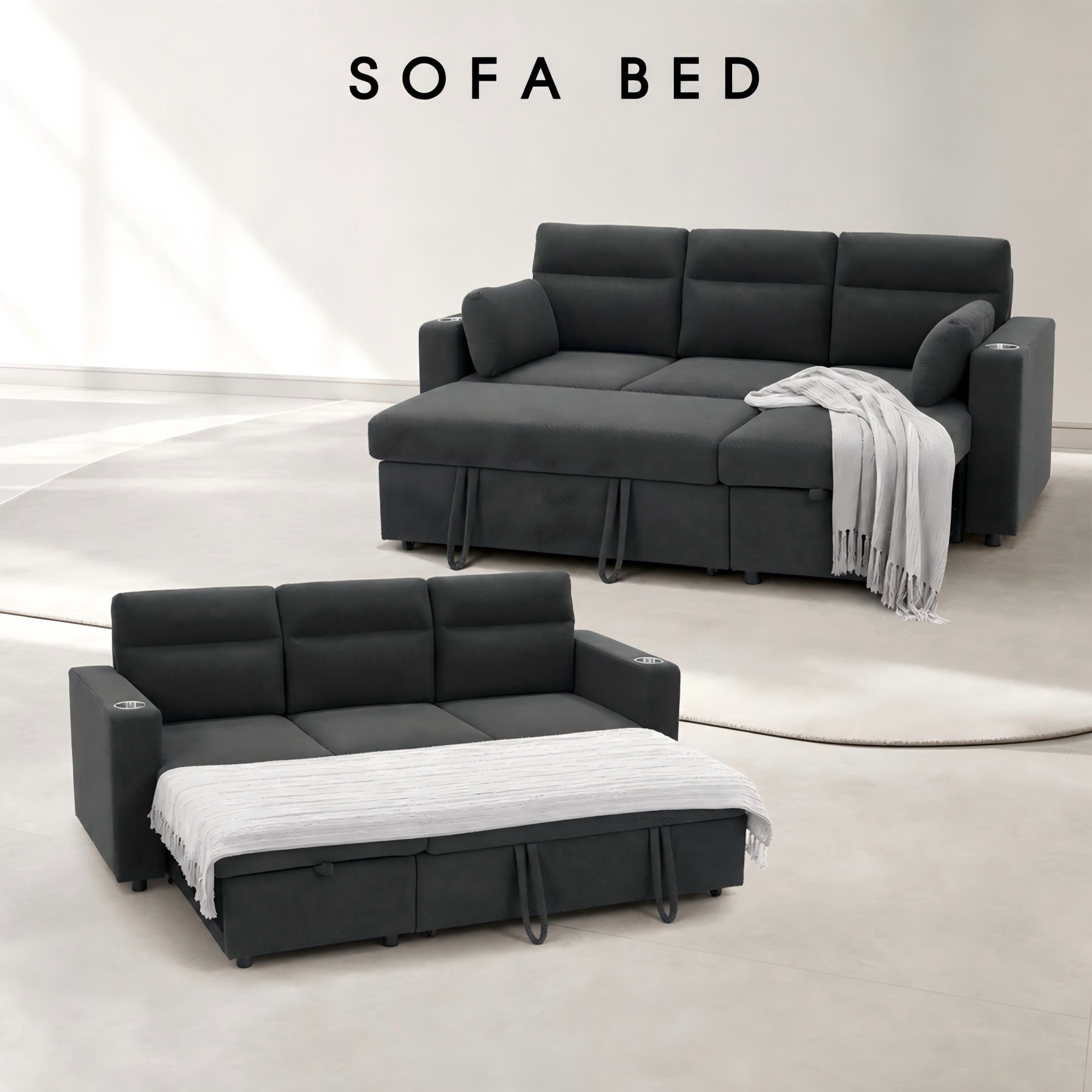 BSHTI 82.5" Foil Fabric L-Shaped Pull-Out Sectional Sofa Bed with Storage Chaise, Cup Holders for Living Room(Dark Gray)