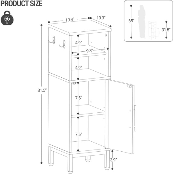 Bathroom Storage Cabinet, Corner Floor Cabinet with Door & Shelves, 2 Hooks, Small Narrow Storage Organizer, Toilet Paper Cabinets for Small Space, Black SC06304GV1