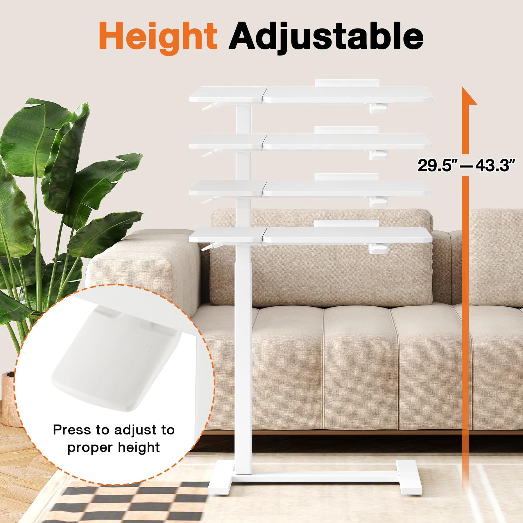 HomePerch Overbed Table with Wheels, Height Adjustable Rolling Laptop Desk for Bed or Sofa, Tilting Tray Table for Home Office, White Finish