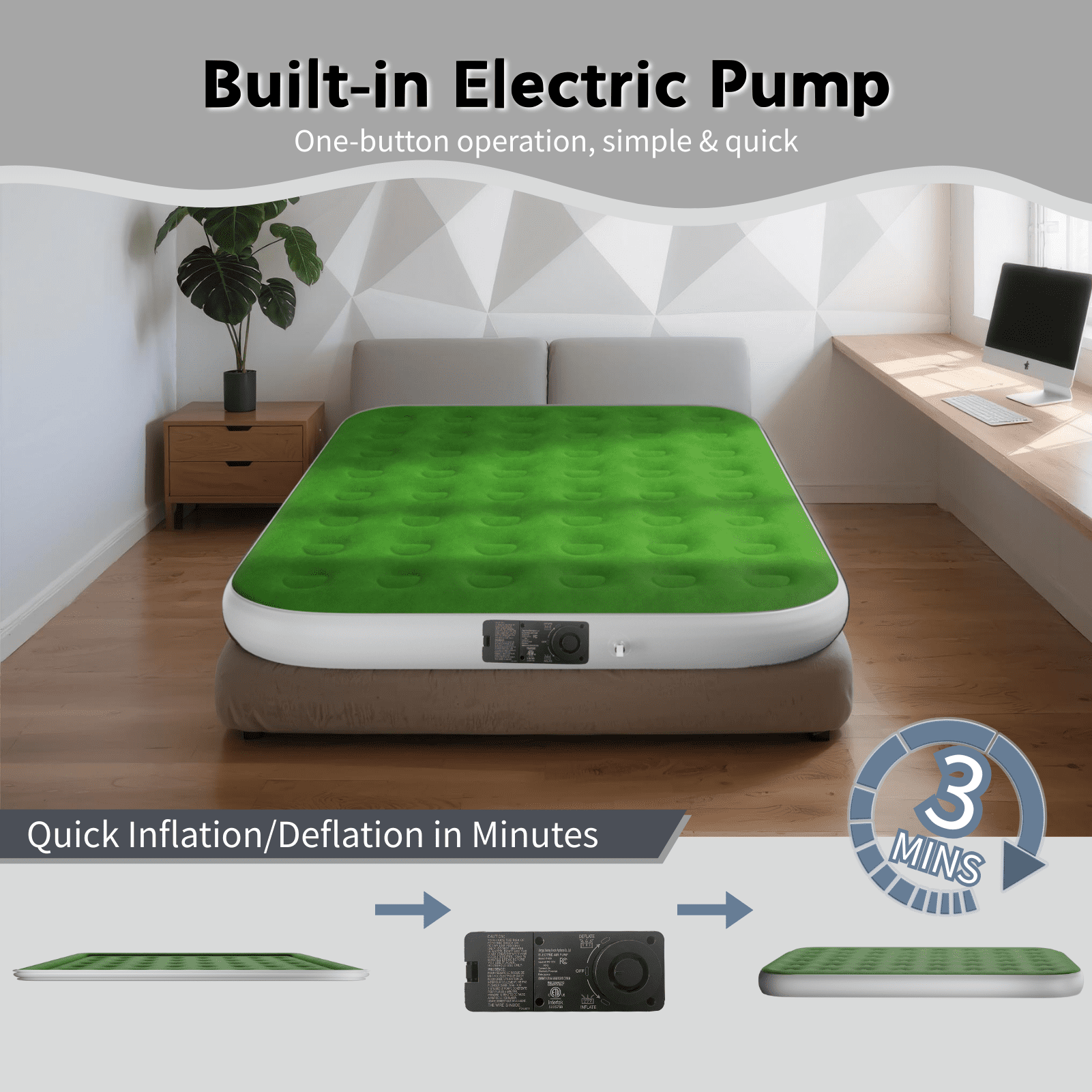 Queen 10" Top Flocking Air Mattress with Built-in Pump Raised Comfort,Fast Inflation/Deflation Foldable Portable Air Bed with Storage Bag for Home,Camping,Guests Green