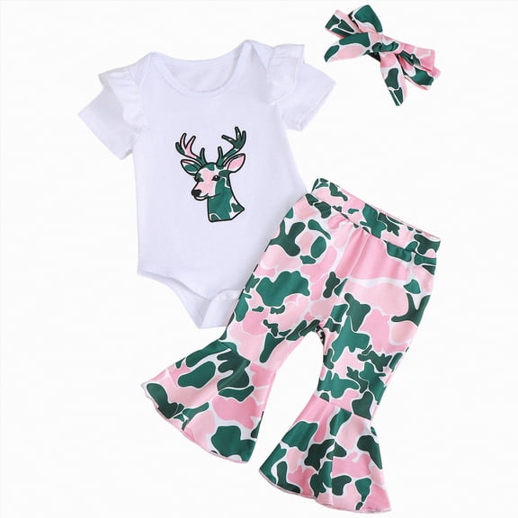 Xudanell Newborn Girl Outfits Deer Print Toddler Baby Girl Summer Outfit Short Sleeve Romper Pants 3 Piece