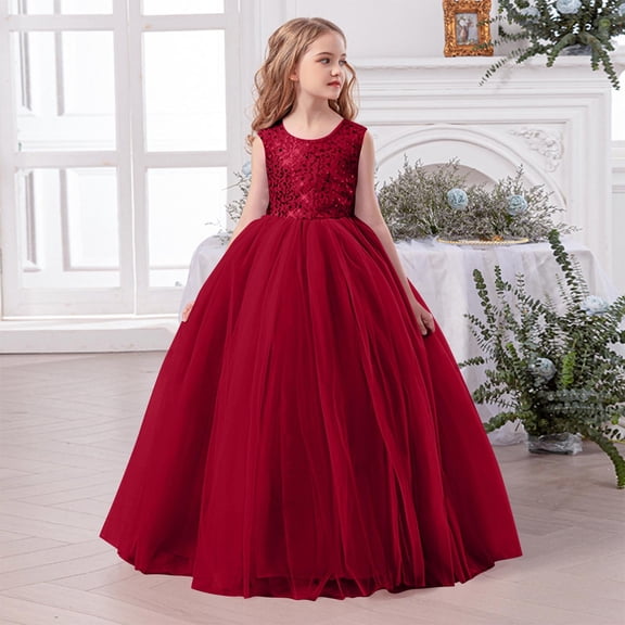 ITSAME Flower Girl Dress, Glitter Birthday Party Crewneck Sleeveless Puffy Tulle Pageant Princess Dresses Red 9-10T