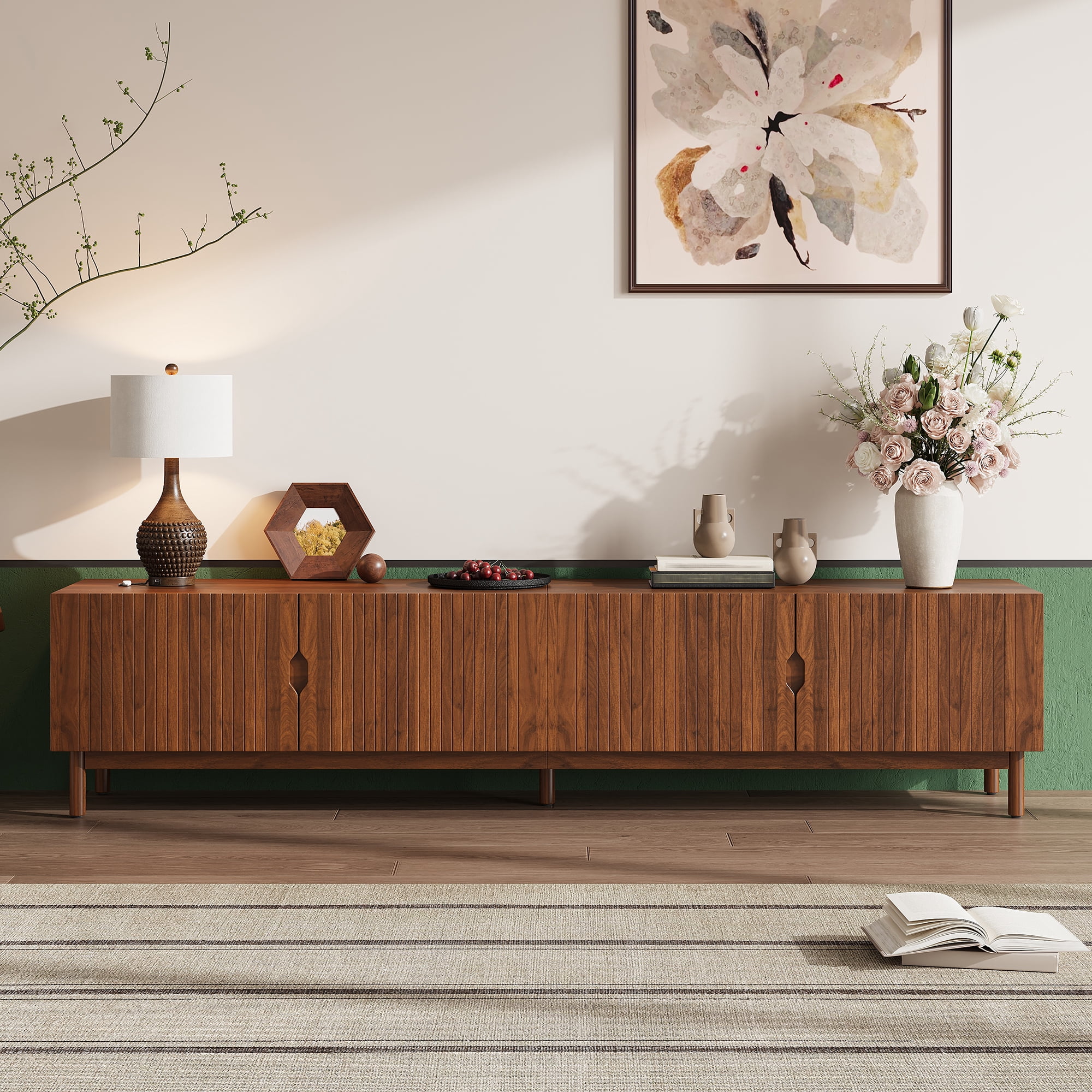 TV Stand for TVs up to 90 Inch, Entertainment Center with Vertical Groove Doors & 4 Cabinets, Media Console with Solid Wood Legs for Living Room