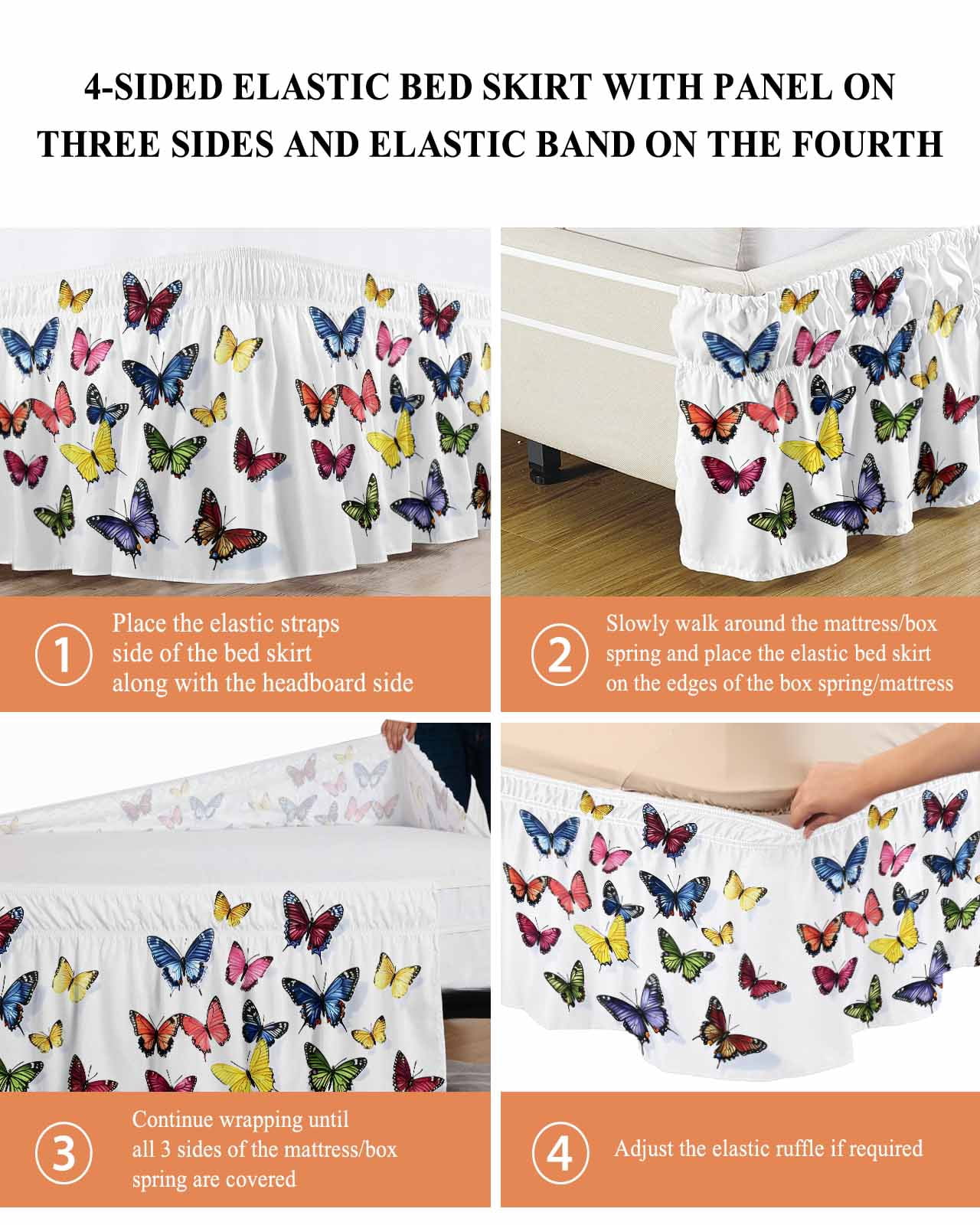 Butterfly Print Wrap Around Bed Skirts for Queen Bed 18" Drop, Bed Skirt with Adjustable Elastic Belt Dust Ruffle Bed Valance for Bedroom Hotel Luxury Modern Colorful Animals Bed Frame Cover