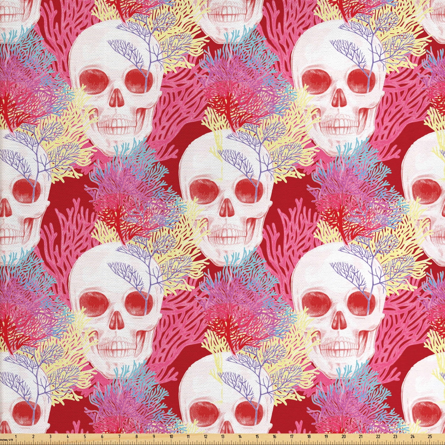 Coral Fabric by The Yard, Double Exposured Graphic Mexican Skull Bones