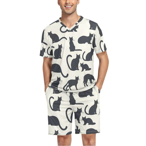 joogoo Men's Pajama Set Cat Pattern V-Neck Pj Shorts Set 2 Piece Loungewear Sleepwear L