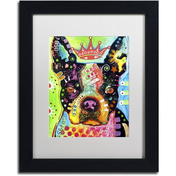 Trademark Fine Art "Boston Terrier Crowned" Canvas Art by Dean Russo, White Matte, Black Frame