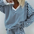 thumbnail image 2 of Bovxnpu Summer Casual Outfits For Women, Oversized Lounge Sets 2 Piece Outfits Sweatsuit, Casual Striped Suit Long-sleeved V-neck Loose Top Sports Shorts Suit S, 2 of 8