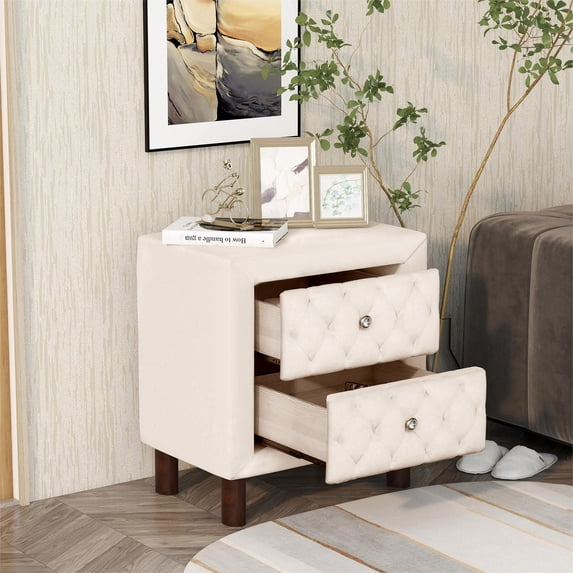 Velvet Upholstered Nightstand with 2 Drawers, Modern Bedside Table with 4 Wood Legs and 2 Button Tufted Drawer Doors, Storage Table for Living Room Bedroom, Space Saving, Beige, 20" x 16" x 23.6"
