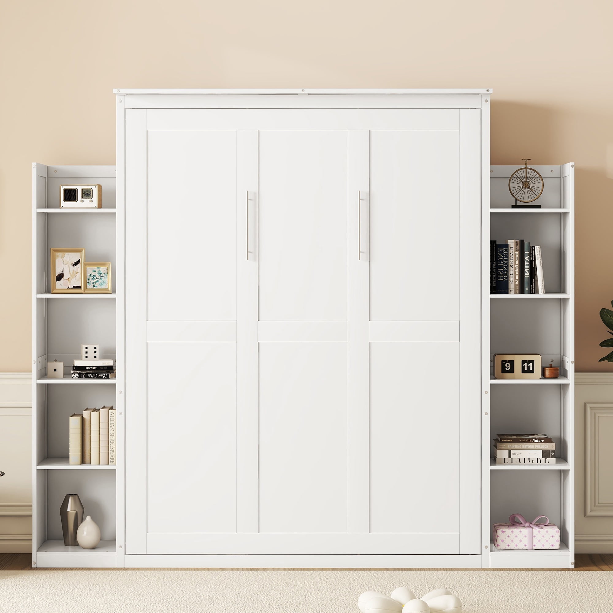 Mintazer Queen Size Murphy Bed with Side Bookcases & LED Lights, Folding Wall Cabinet Bed with Storage for Guest Room Home Office Apartment, Grey