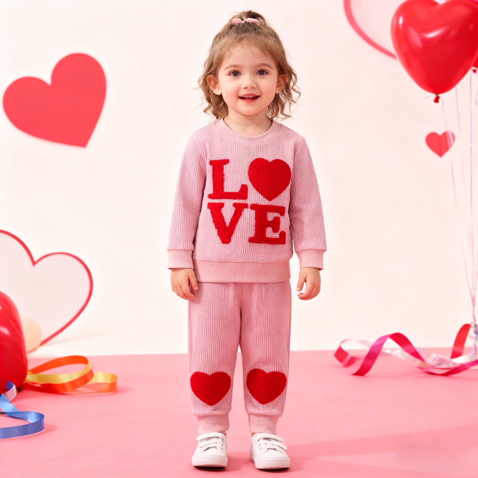 Gelikeya Baby Girl First Valentines Day Outfit Long Sleeve Tops Pants 2 Piece Cute Hearts Birthday Spring Fall Clothes, X02 Pink & 2-3 Years