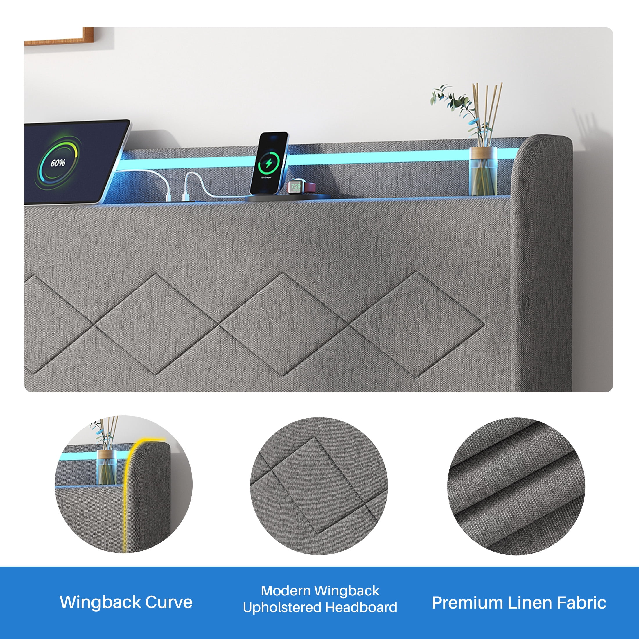 edx Upholstered King Bed Frame with Height-Adjustable Headboard, 3 USB Charging Ports, LED Light Strip & Bluetooth Controller, Gray