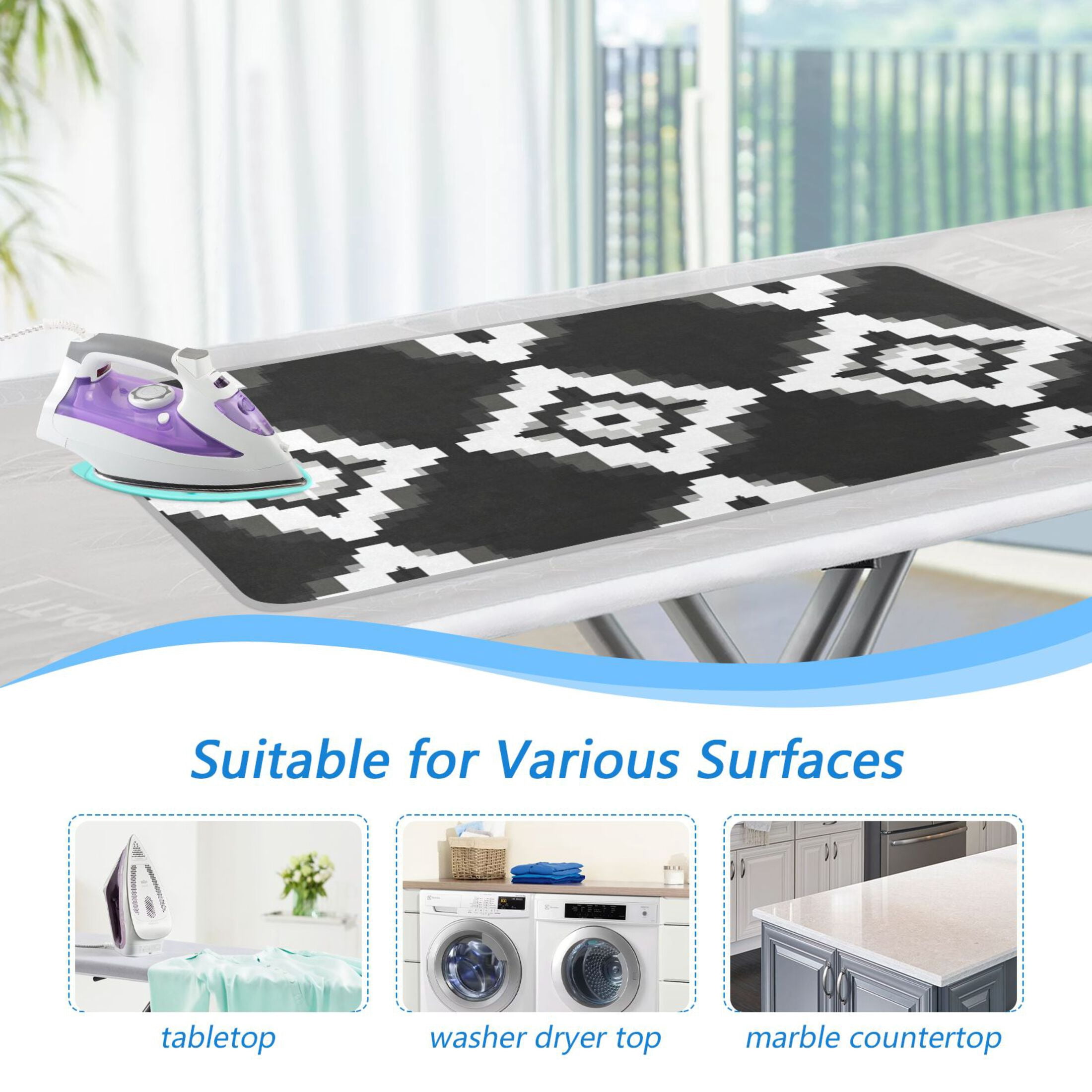 Black White Pixel Art Ironing Mat Blanket Portable Travel Ironing Pad Heat Resistant Pad 47.2" x 27.6”