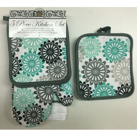 Better Home 5 Piece Set Includes 2 Kitchen Towels, 2 Pot Holders and 1 Oven Mitt, Aqua and Grey