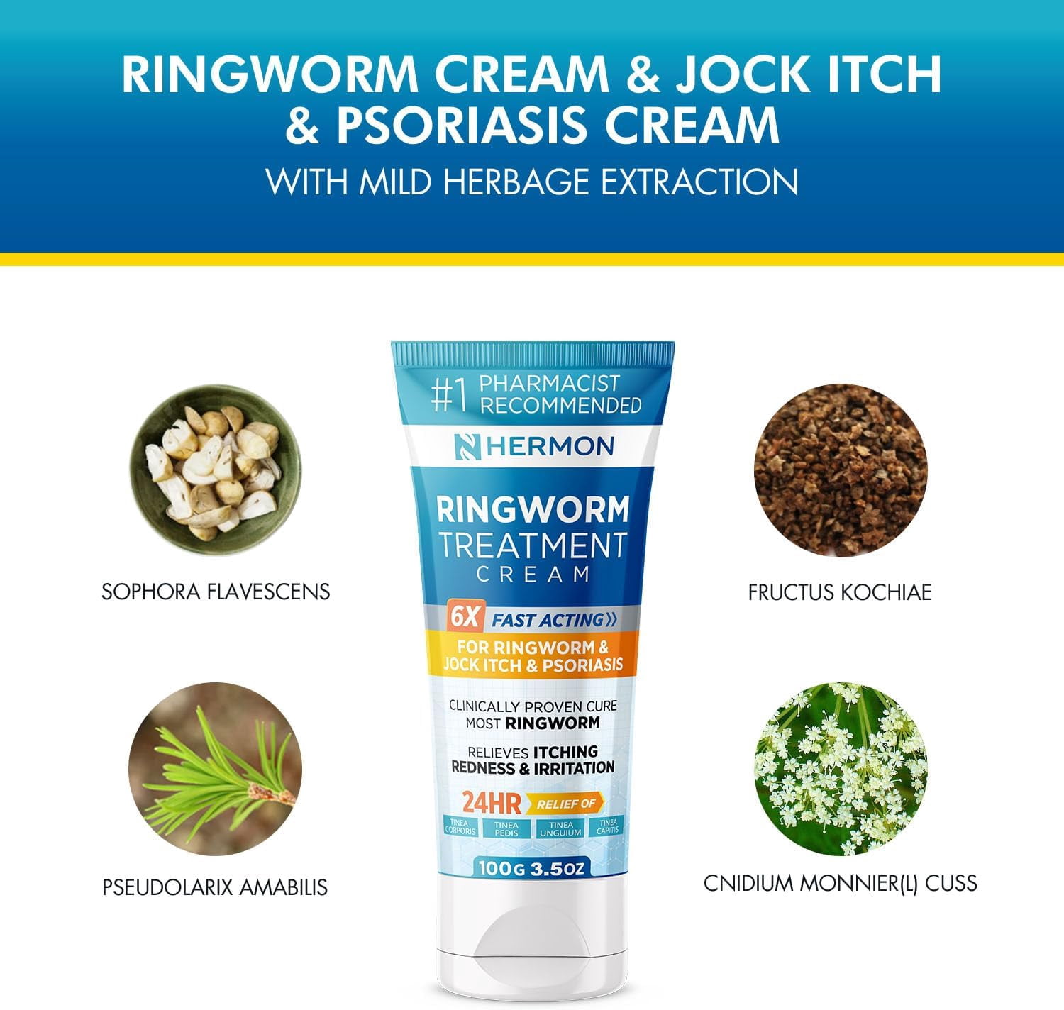 Hermon Powerful Antifungal Ringworm Cream - Treatment for Ringworm, Jock Itch, Eczema, Tinea Versicolor, Athlete's Foot  - 100ml