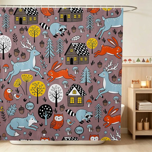 Erosebridal Fox Shower Curtain 72Wx72L for Boys Girls, Woodland Cabins Waterproof Bathroom Curtain