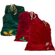Sunnywood Santa Bag 36" x 27" Large Stretchy Velour Sack, Red, Green and Snowflake Design, 3 Bags Pack