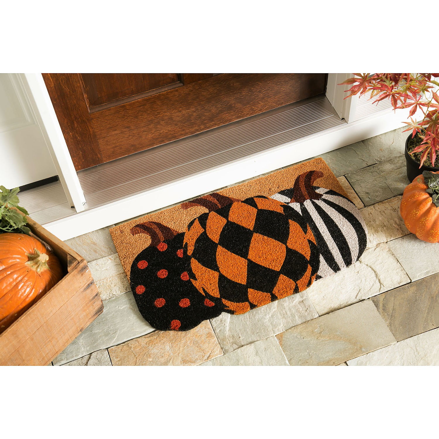 Evergreen Pattern Pumpkins Shaped Indoor Outdoor Natural Coir Doormat 1'6"x2'6" Multicolored